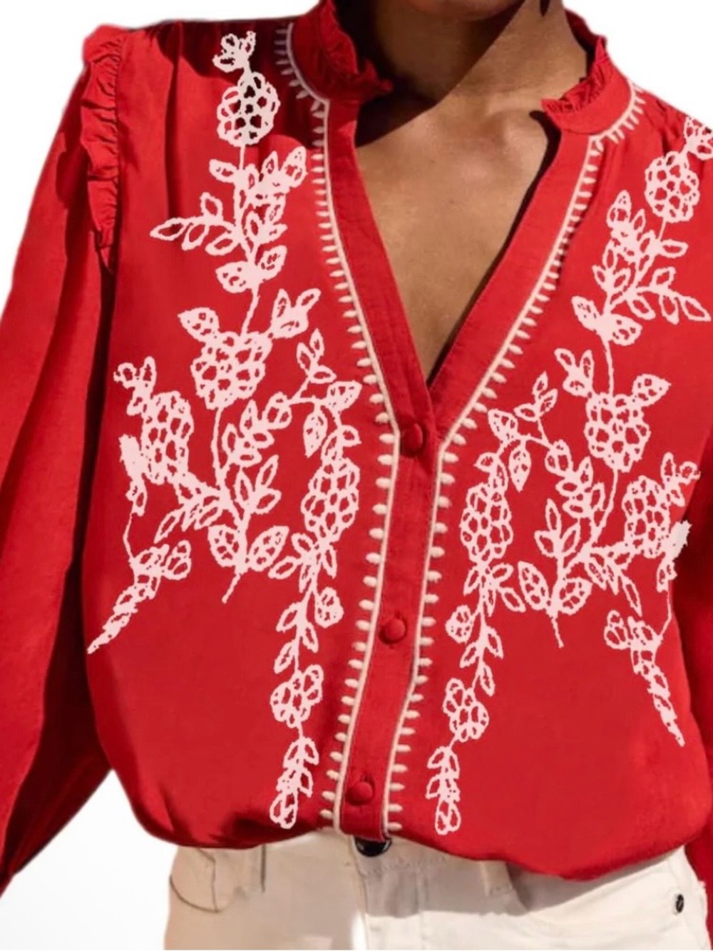 Melliflow Embroidered V-Neck Blouse- Medium